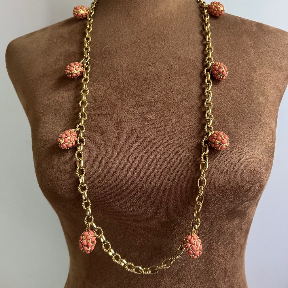 Vtg C Wonder HSN Gold Tone Faux Coral Pink Seed Pearl 34" Necklace Cottagecore